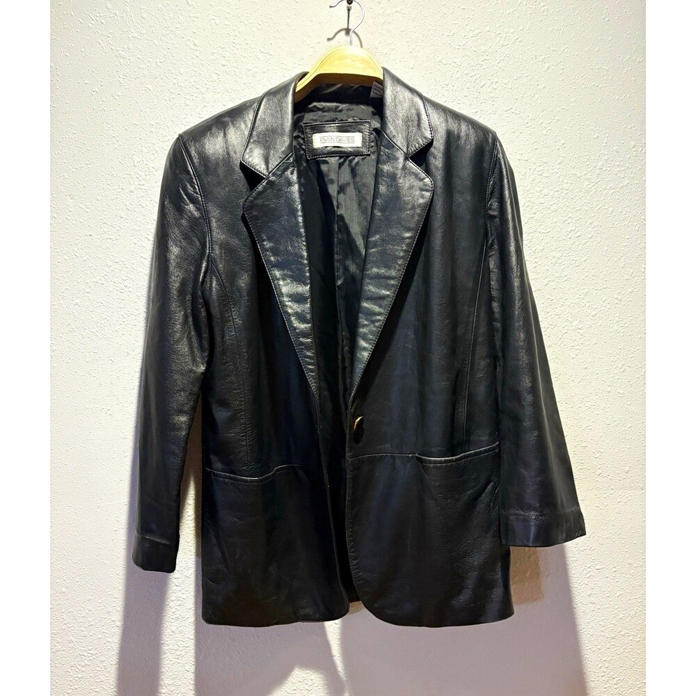 1990s Evan Davies Black 100% Lamb Leather Blazer Jacket w/ Pockets | Size 8